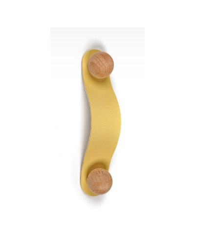 Handmade leather strap drawer pulls with natural wooden knobs displayed in pastel yellow, blue, sage green, terracotta orange, muted pink, and beige on a clean white background.