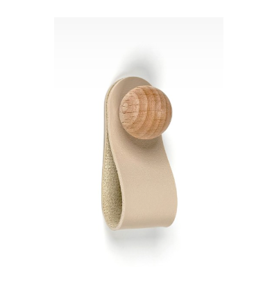 Handmade leather strap drawer pulls with natural wooden knobs displayed in pastel yellow, blue, sage green, terracotta orange, muted pink, and beige on a clean white background.