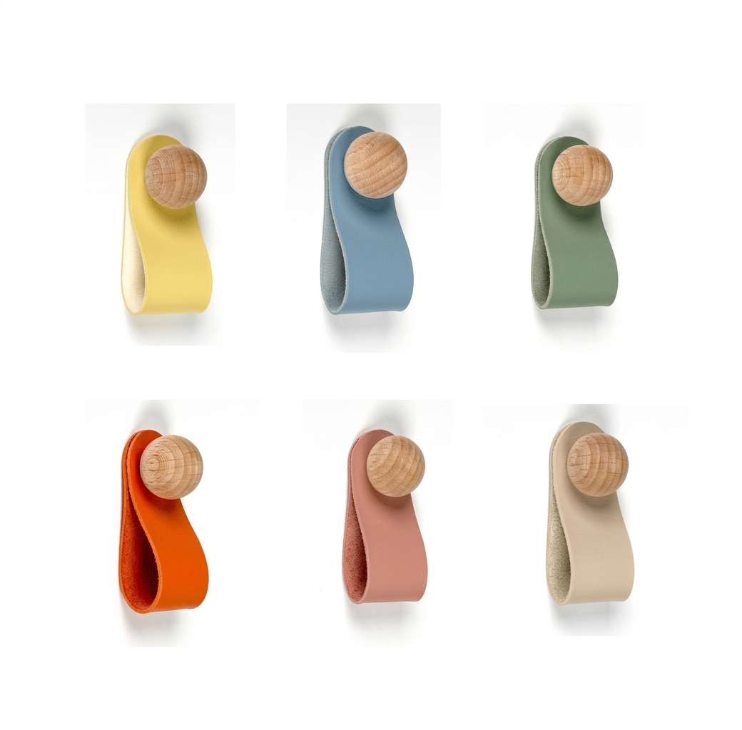 Handmade leather strap drawer pulls with natural wooden knobs displayed in pastel yellow, blue, sage green, terracotta orange, muted pink, and beige on a clean white background.