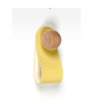 Handmade leather strap drawer pulls with natural wooden knobs displayed in pastel yellow, blue, sage green, terracotta orange, muted pink, and beige on a clean white background.